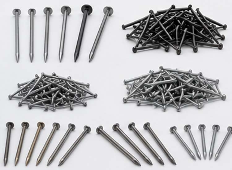 alt="different types of wire nails including common nails roofing nails and concrete nails"