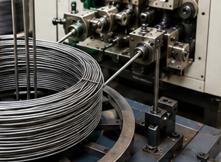 alt="automatic wire feeding system providing continuous steel wire supply for nail making machine"