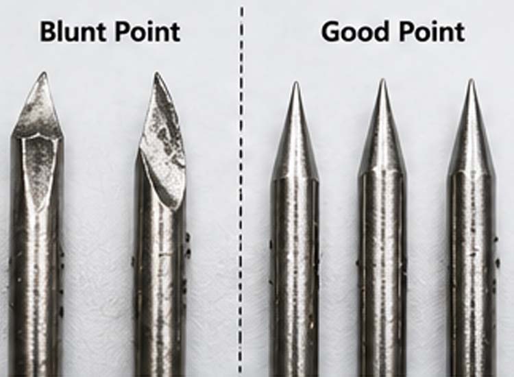 alt="nail point quality inspection comparing blunt nail points and sharp finished nail points"