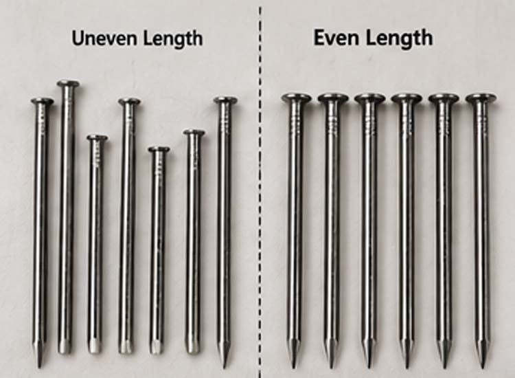 alt="uneven nail length comparison showing nail cutting accuracy in nail making machine production"