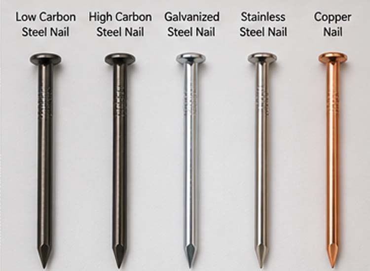 alt="comparison of nails made from low carbon steel galvanized steel stainless steel and copper materials"
