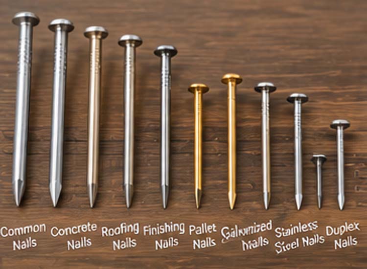alt="different types of nails including common nails concrete nails roofing nails finishing nails and pallet nails"