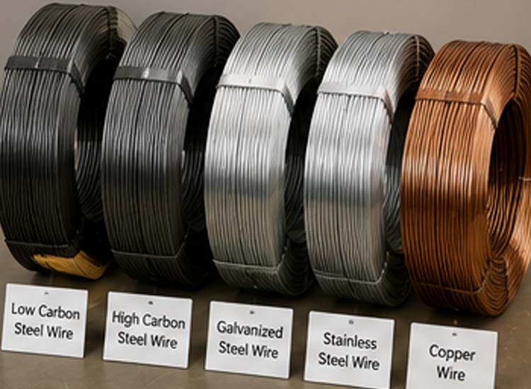 alt="different types of steel wire used for nail manufacturing including low carbon galvanized stainless steel and copper wire"
