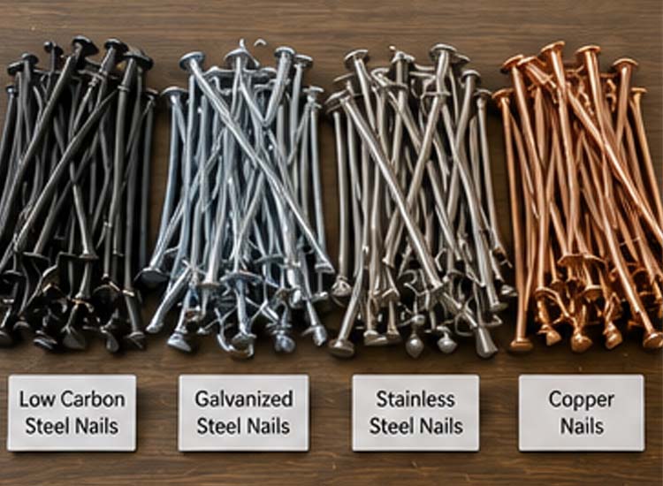 alt="finished nails made from various materials including steel galvanized stainless steel and copper"