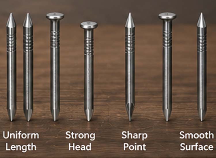 alt="finished wire nails with uniform length strong nail head sharp point and smooth surface"