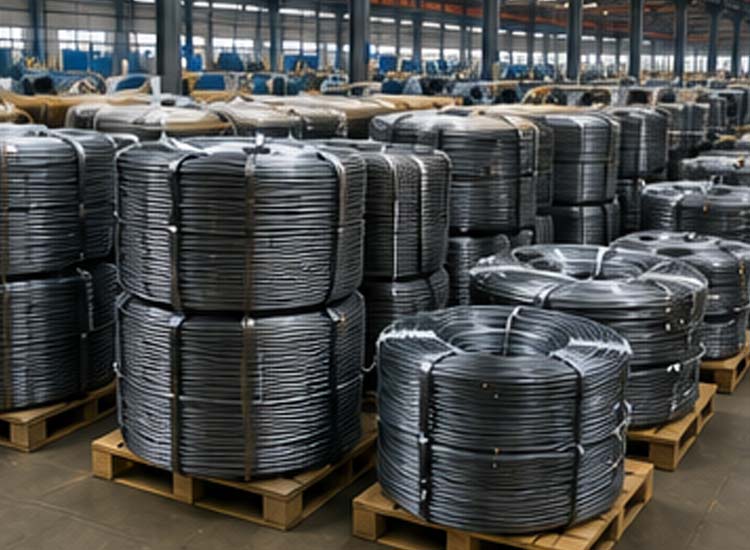 alt="raw material warehouse storing steel wire coils for automatic nail manufacturing factory"