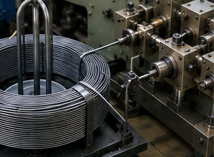 alt="steel wire feeding into automatic nail making machine for continuous nail production"