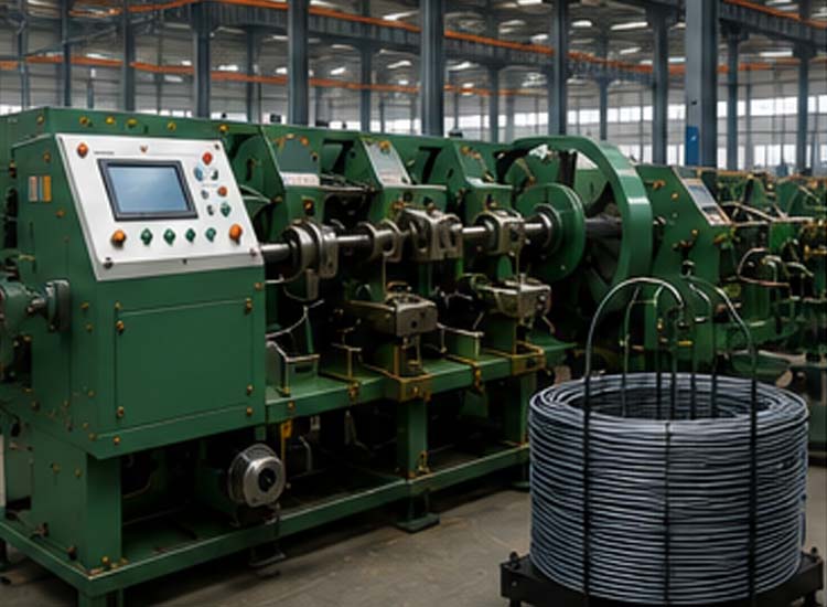 alt="automatic nail making machine operating in modern nail manufacturing factory with steel wire feeding system"