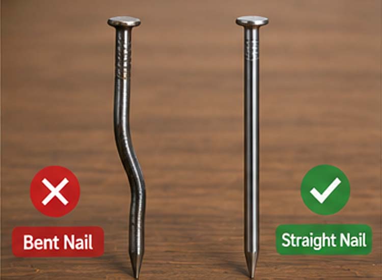 alt="comparison of bent nails and straight wire nails showing differences in nail quality and production accuracy"