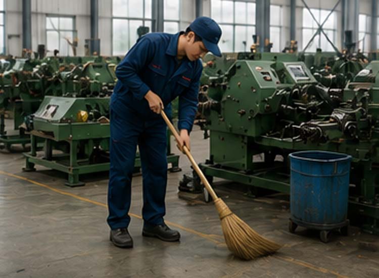 alt="cleaning nail making machine workshop to remove dust wire scraps and improve machine performance"
