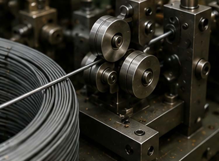 alt="inspecting wire feeding system of automatic nail making machine for stable wire supply and smooth operation"