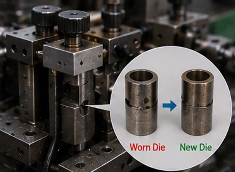 alt="worn nail forming dies and replacement process for improving nail straightness and product quality"