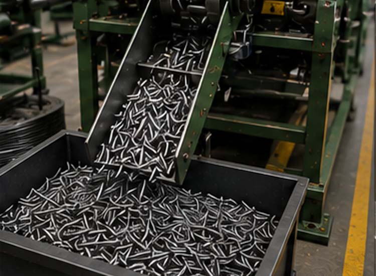 alt="automated nail collection system increasing production efficiency in wire nail manufacturing factory"