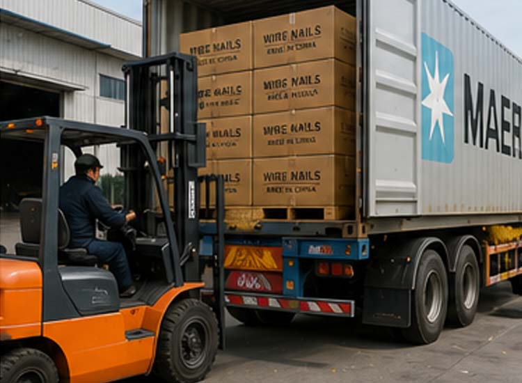 alt="export shipment of wire nails in cartons and containers for international construction and hardware markets"