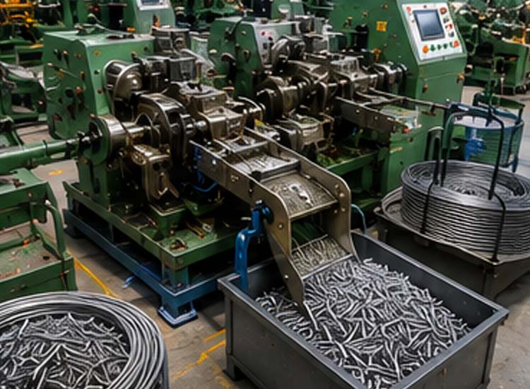 alt="high speed nail manufacturing workshop equipped with automatic nail making machines and steel wire coils"