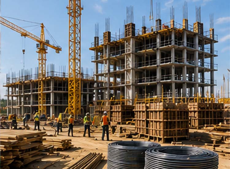 alt="large construction site with cranes and commercial buildings increasing demand for wire nails and nail manufacturing equipment"