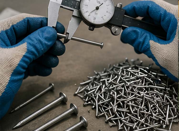 alt="quality inspection process for wire nails checking nail length diameter head formation and surface finish"