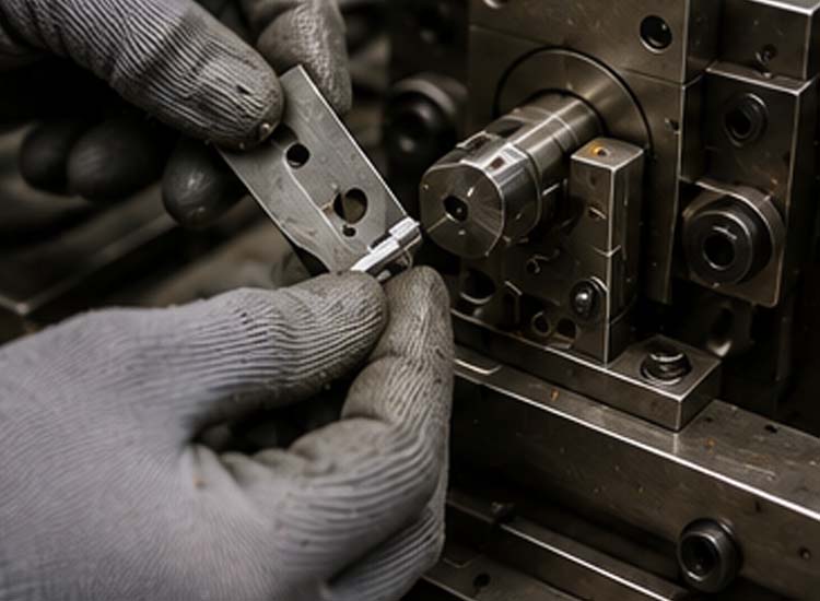 alt="inspection of nail cutting blades and forming dies for accurate and efficient nail production"