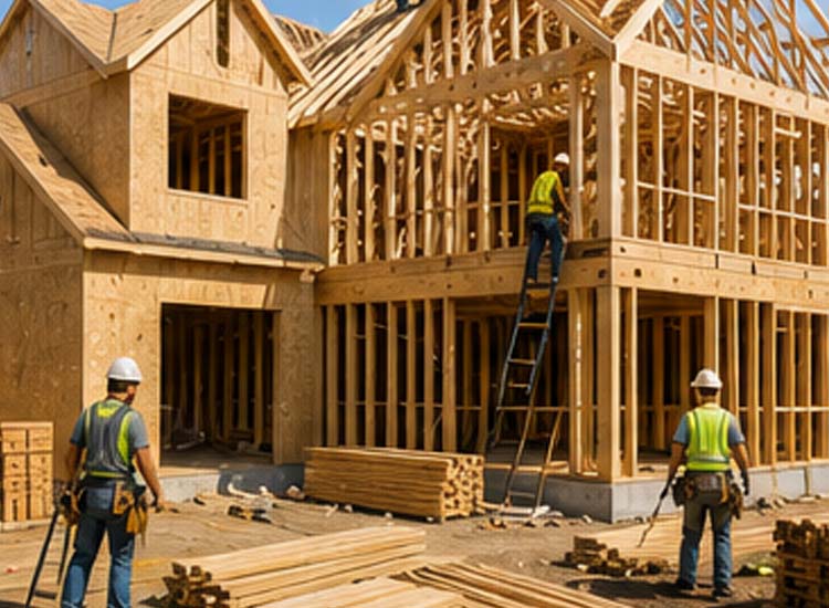 alt="residential housing projects under construction using wire nails for wood framing and structural assembly"