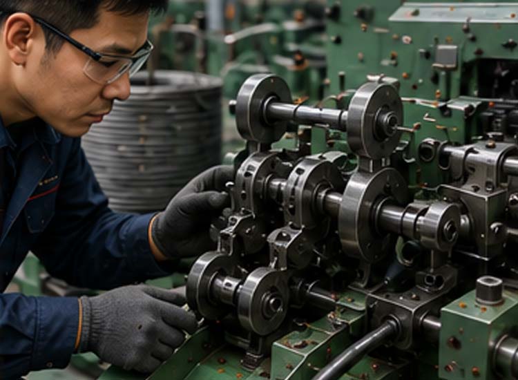 alt="engineer inspecting wire feeding system of automatic nail making machine to improve machine lifespan and performance"