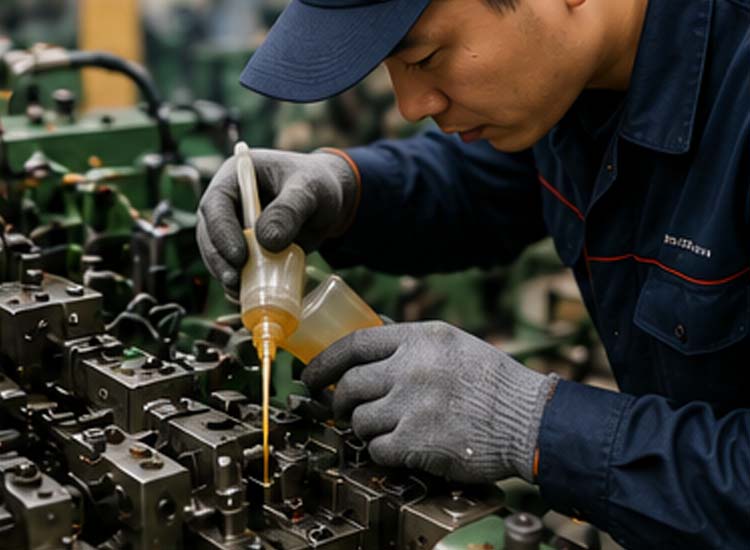 alt="technician lubricating automatic nail making machine as part of preventive maintenance program"