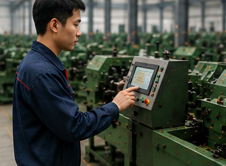 alt="factory worker monitoring multiple automatic nail making machines in a modern wire nail production workshop"