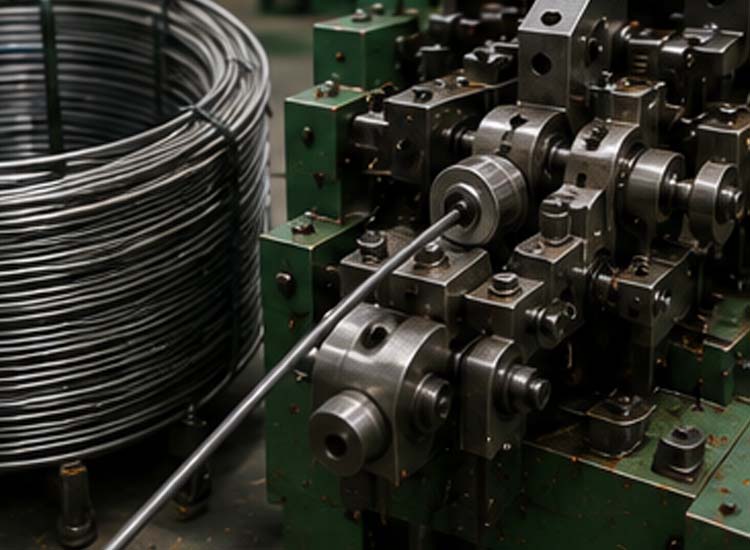 alt="steel wire feeding into an automatic nail making machine for high speed wire nail production"