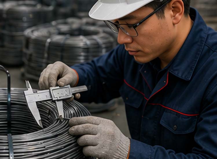 alt="quality inspection of steel wire surface before nail production using precision measuring tools"