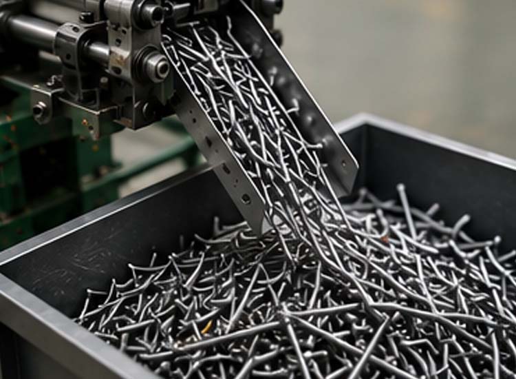 alt="finished wire nails collected automatically after high speed production on a fully automatic nail making machine"