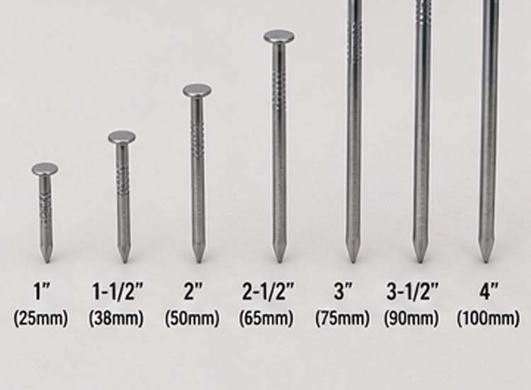 alt="different wire nail sizes and diameters for residential commercial and industrial construction projects"