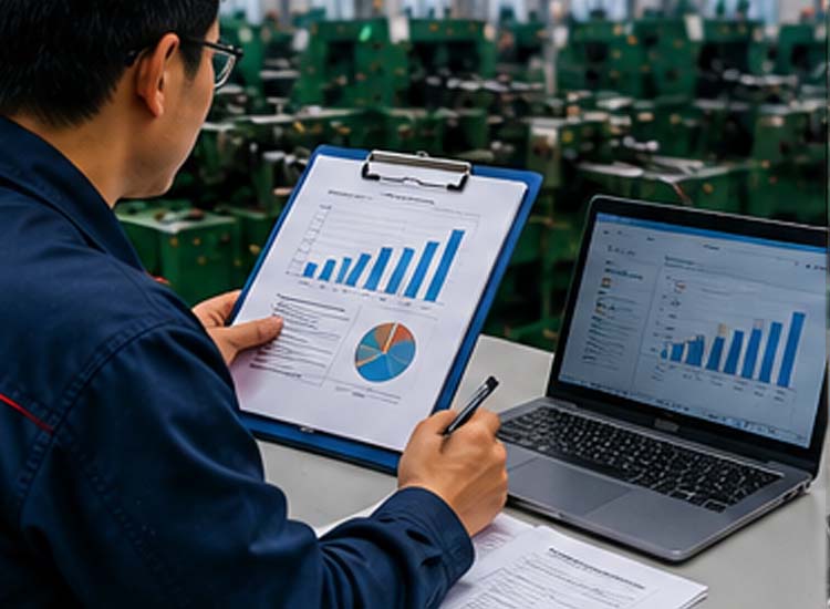 alt="factory manager analyzing production capacity and planning nail manufacturing efficiency with automatic equipment"