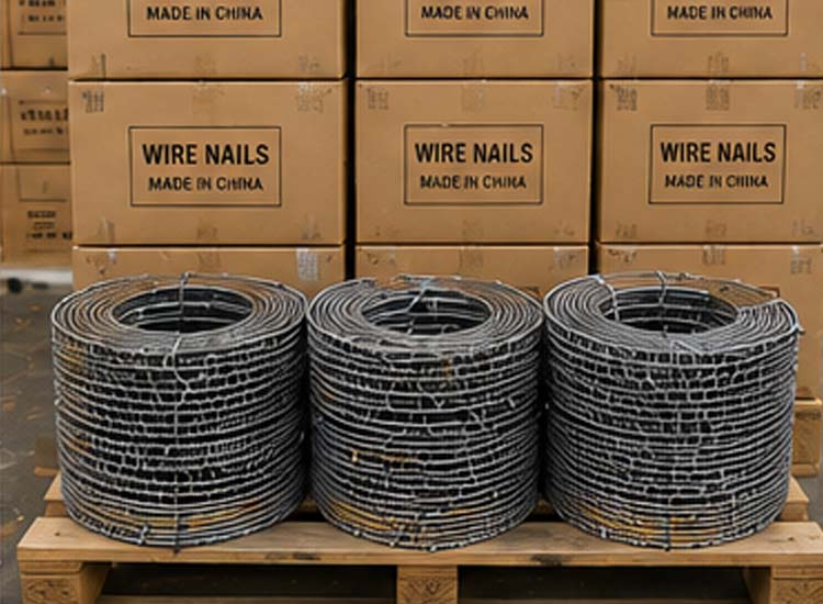alt="finished construction wire nails packaged and ready for international export and global building projects"