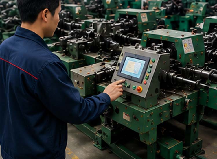 alt="factory operator supervising multiple fully automatic nail making machines to improve production efficiency"