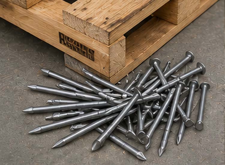 alt="durable pallet nails used in wooden pallet manufacturing packaging and export logistics applications"