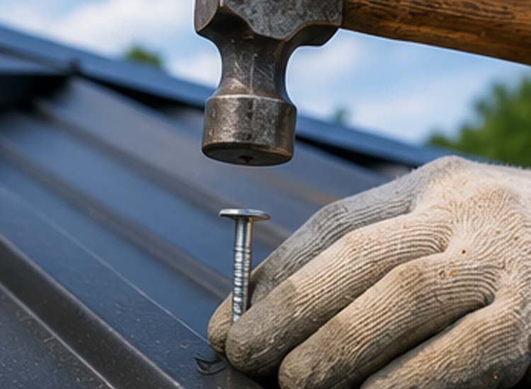 alt="galvanized roofing nails installed on metal roof panels for secure and corrosion resistant construction"