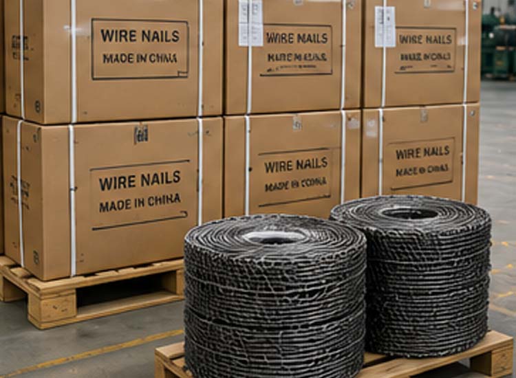 alt="wire nail packaging and warehouse storage prepared for domestic distribution and international export"