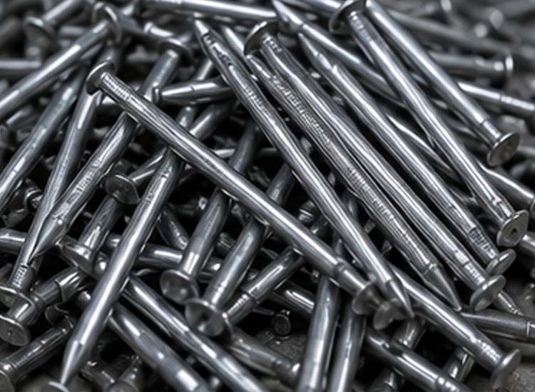 alt="finished wire nails with smooth surface finish produced by an automatic nail manufacturing process"