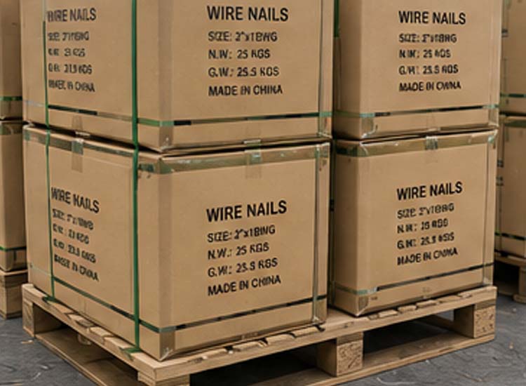 alt="packaged wire nails stored on pallets for safe warehouse storage and international export"