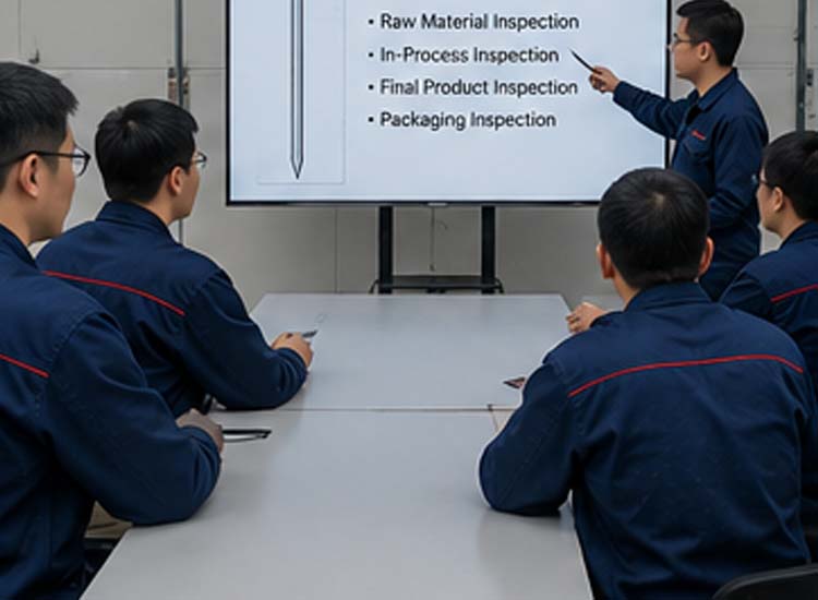 alt="factory workers receiving quality control training for automatic wire nail manufacturing operations"