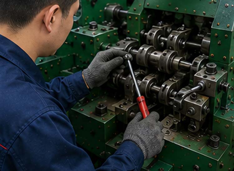 alt="technician performing preventive maintenance on an automatic nail making machine to improve production quality"