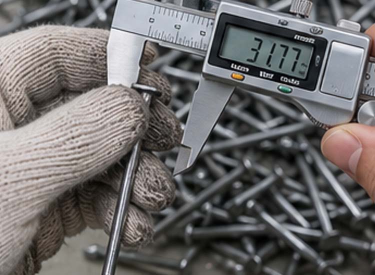 alt="quality inspector measuring wire nail dimensions with a digital caliper to ensure manufacturing accuracy"