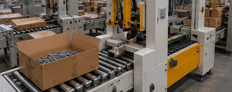 alt="automatic packaging system filling cartons with finished wire nails for efficient warehouse and export preparation"