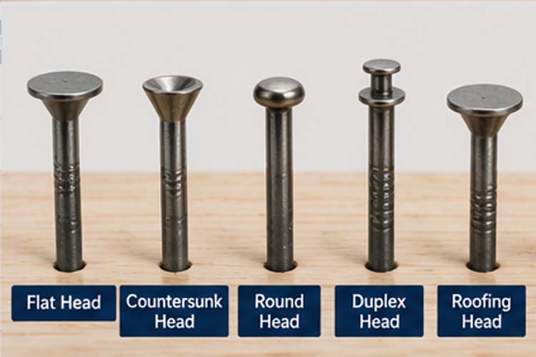 alt="different types of nail heads including flat head countersunk head round head duplex head and roofing nails for industrial applications"