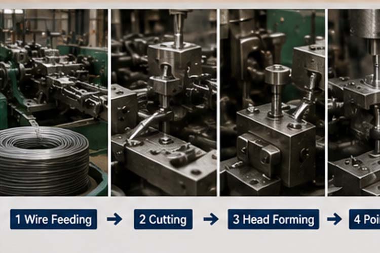 alt="finished wire nails with different head types packaged for warehouse storage and international export distribution"