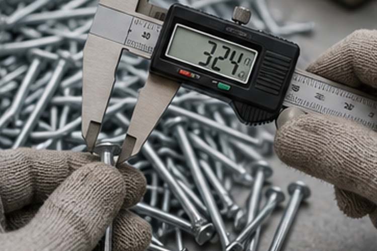 alt="quality inspector measuring galvanized wire nails with digital caliper to ensure accurate dimensions and coating quality"