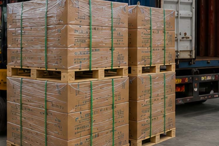 alt="packaged galvanized wire nails stacked on pallets and prepared for international export and warehouse storage"