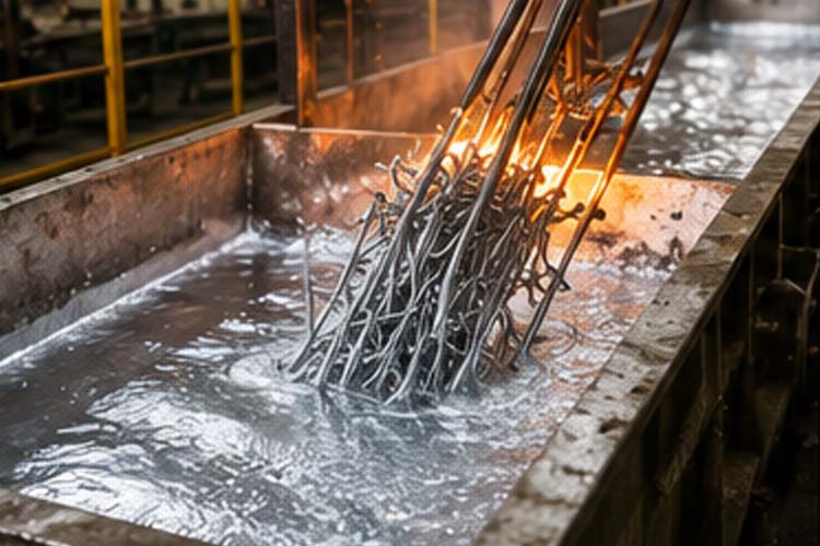alt="hot dip galvanizing process where finished wire nails are coated in molten zinc for superior corrosion resistance"