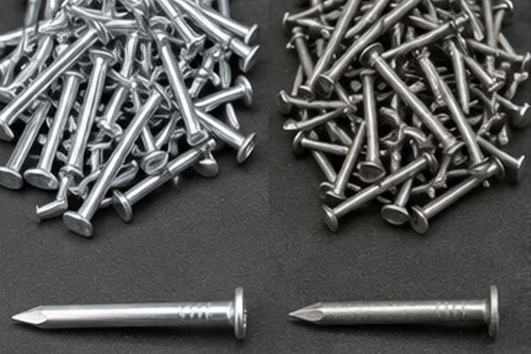 alt="hot dip galvanized nails compared with electro galvanized nails showing different zinc coating thickness and surface finish"