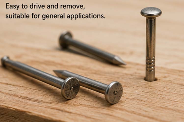 alt="round head nails and duplex nails used for temporary construction concrete formwork and reusable fastening applications"