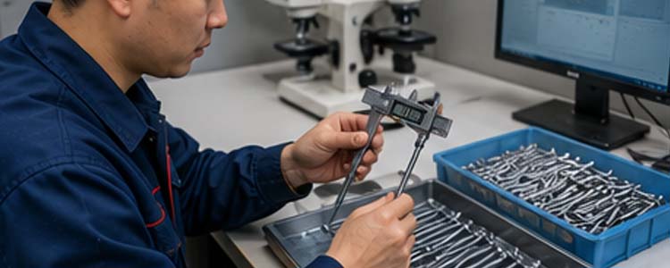 alt="quality control inspector measuring finished wire nails to ensure accurate dimensions and consistent manufacturing quality"